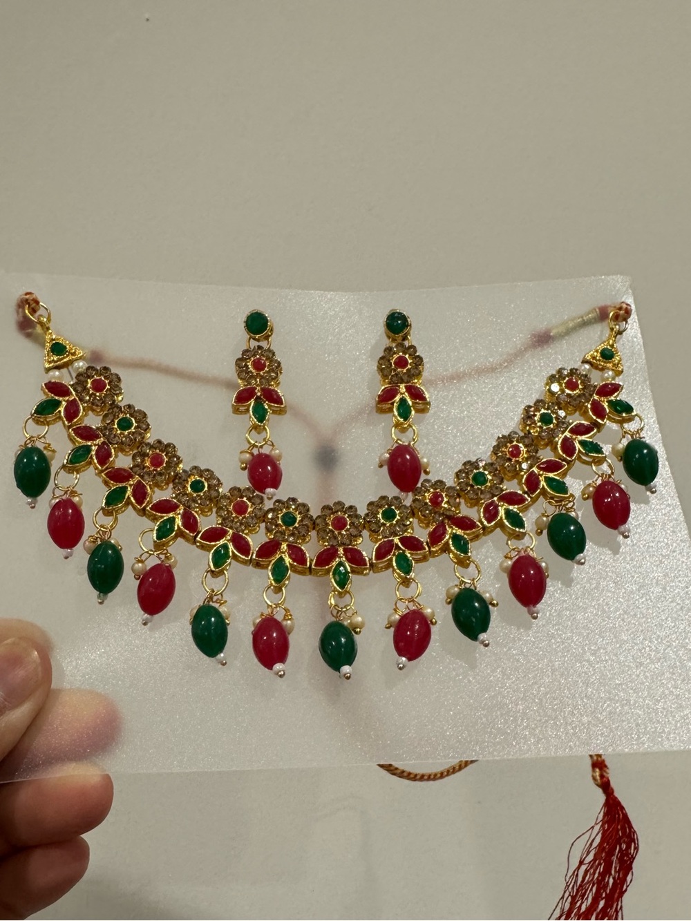 Gold-Tone Red & Green Stone Choker Necklace Set With Adjustable Cord